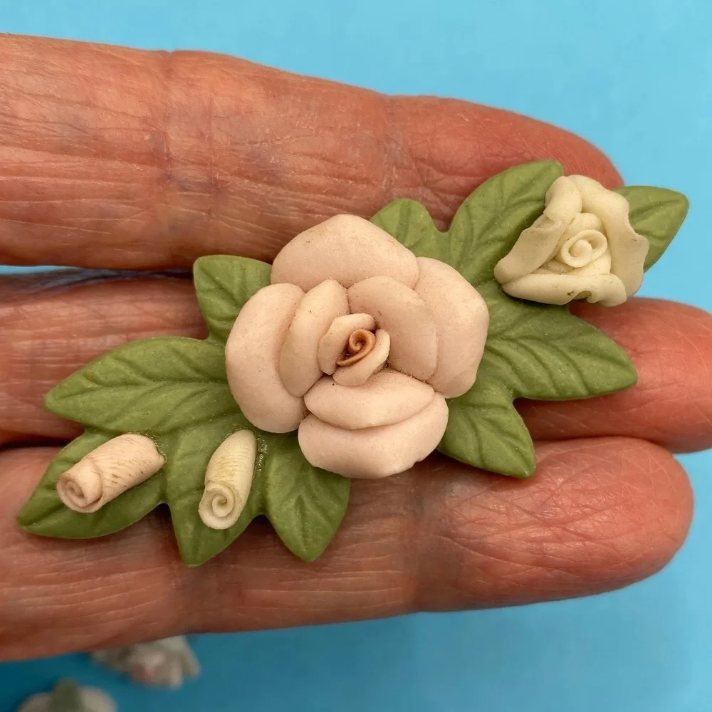 Porcelain Floral Brooch & Pierced Post Earrings Set